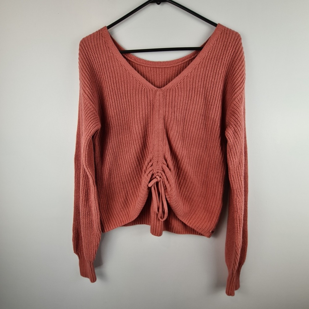Hollister Sweater Women's Small Dusty Pink Gathered Tie Front V Neck Cropped‎